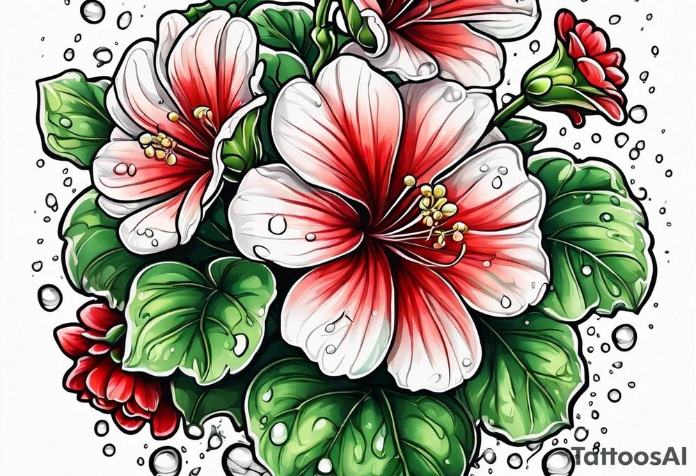 red geraniums with rain drops tattoo idea