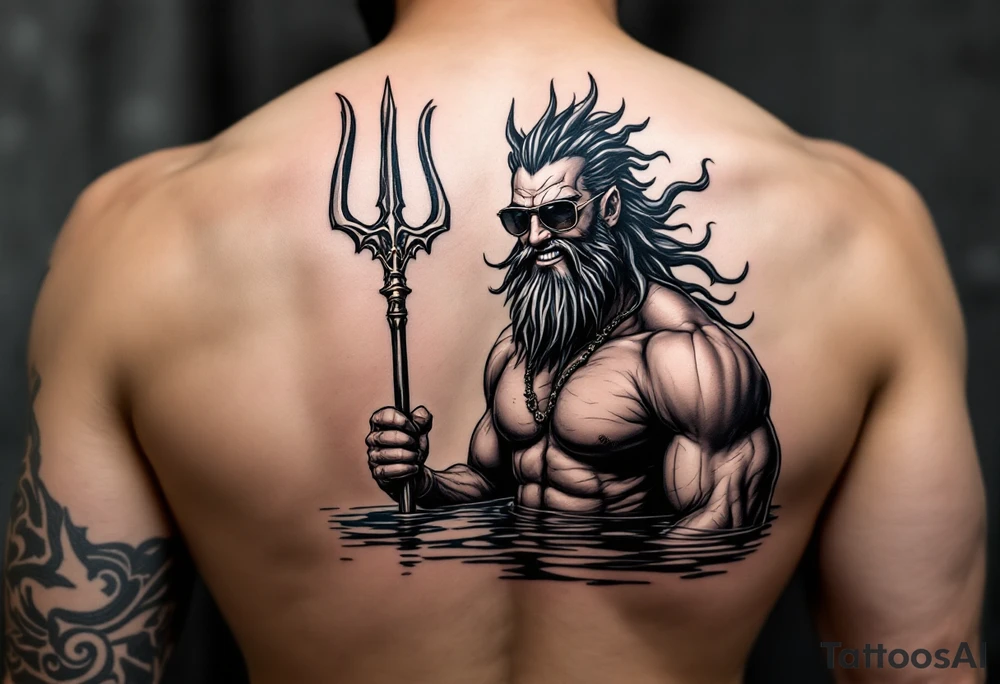 smiling, fit poseidon, with a trident, in calm water, holding a beer, with sunglasses tattoo idea