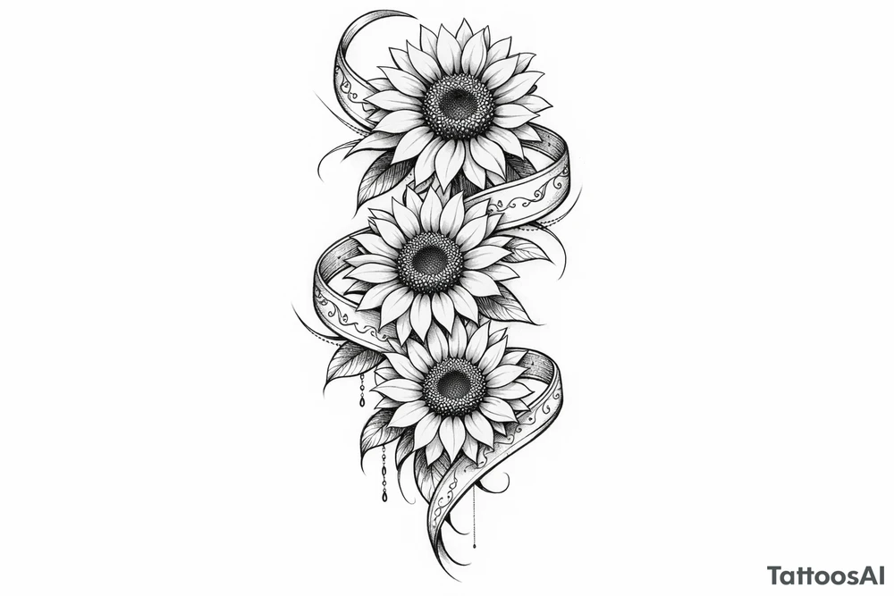Indian ribbon with 3 cascading sunflowers tattoo idea