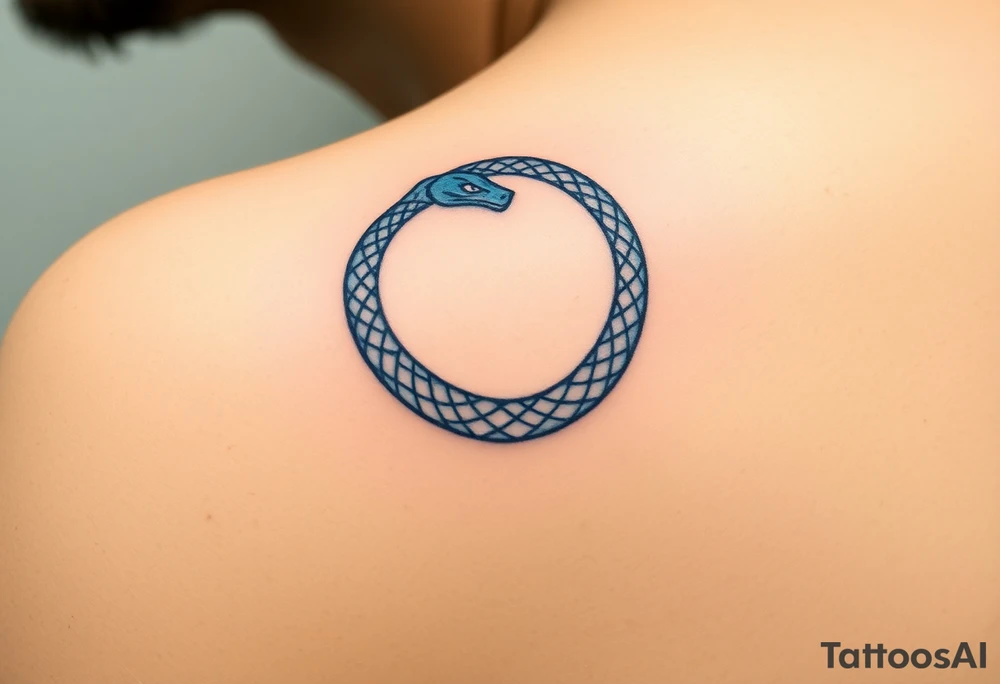 A blue and silver Ouroboros snake forming cyrcle, with cosmic patterns resembling a swirling galaxy within its body. tattoo idea