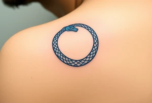A blue and silver Ouroboros snake forming cyrcle, with cosmic patterns resembling a swirling galaxy within its body. tattoo idea
