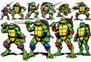 teenage mutant ninja turtles fighting in a city with floral accents tattoo idea