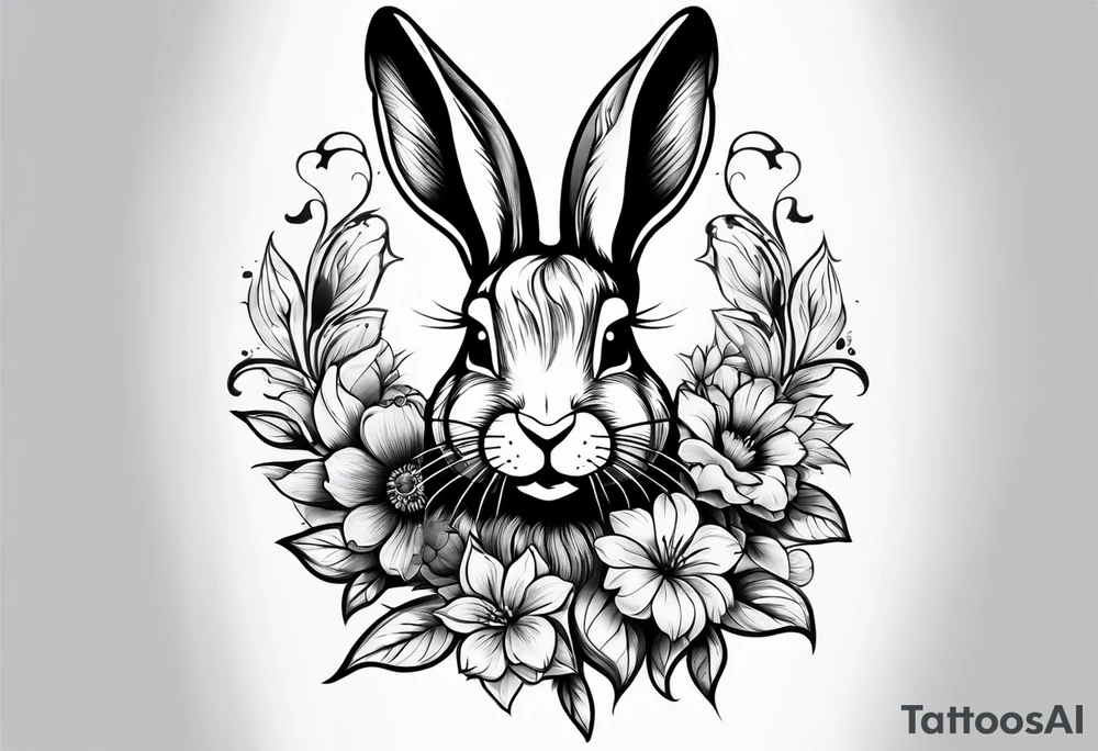 Rabbit head and flowers tattoo idea