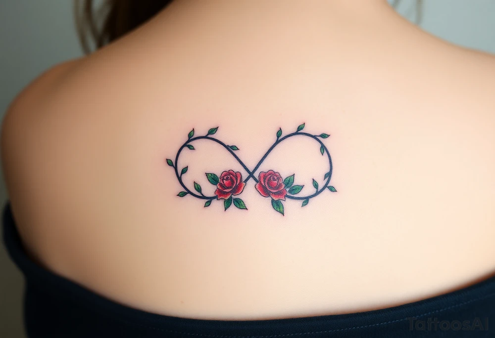 Full infinity symbol made out of vine banches with delicate roses, in soft red and green hues tattoo idea