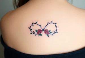 Full infinity symbol made out of vine banches with delicate roses, in soft red and green hues tattoo idea