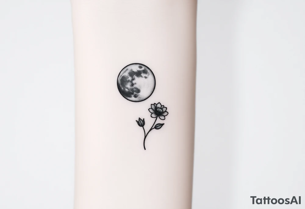 Small black ink minimalist tattoo with full moon, small chrysanthemum and tiny scorpio gliph tattoo idea