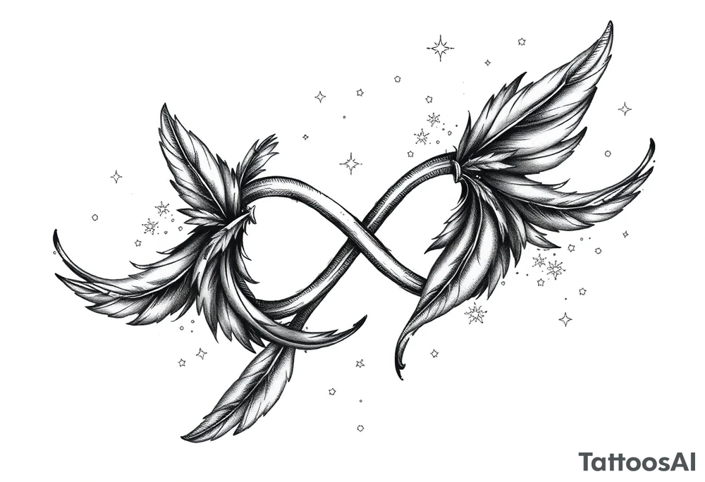 infinity symbol woven with floating feathers and stardust tattoo idea