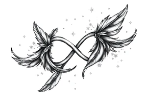 infinity symbol woven with floating feathers and stardust tattoo idea