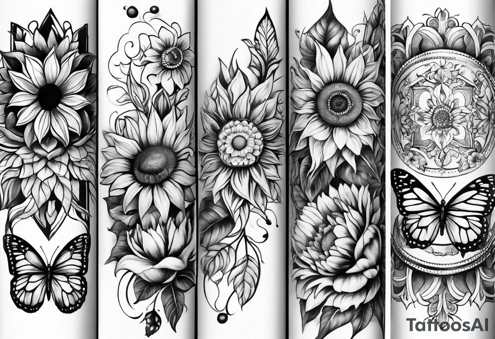 arm sleeve with cross, rainbow sunflowers and butterflies tattoo idea