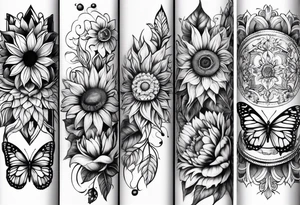 arm sleeve with cross, rainbow sunflowers and butterflies tattoo idea