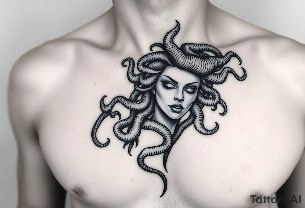 A Beautiful soft feminine sexy Medusa chest peice Black and white with shading fairy like, no harsh lines tattoo idea