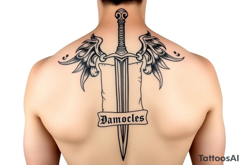 Please generate Polynesian style tattoos for me on my entire back according to my qualities and faults. 
My qualities are authenticity, constructive reflection after failure and balance in relationships.
My faults are emotional dependence on financial security, emotional flight and procrastination linked to uncertainty.
The sword should cover my back from top to bottom, passing over my spine with great relief and detail, surrounded by a parchment written in fine italic letters “Sword of Damocles”. tattoo idea