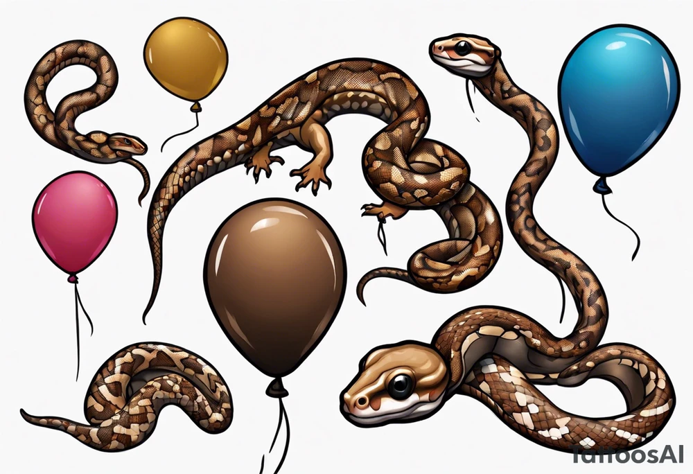 brown ballpython with colored balloons tattoo idea
