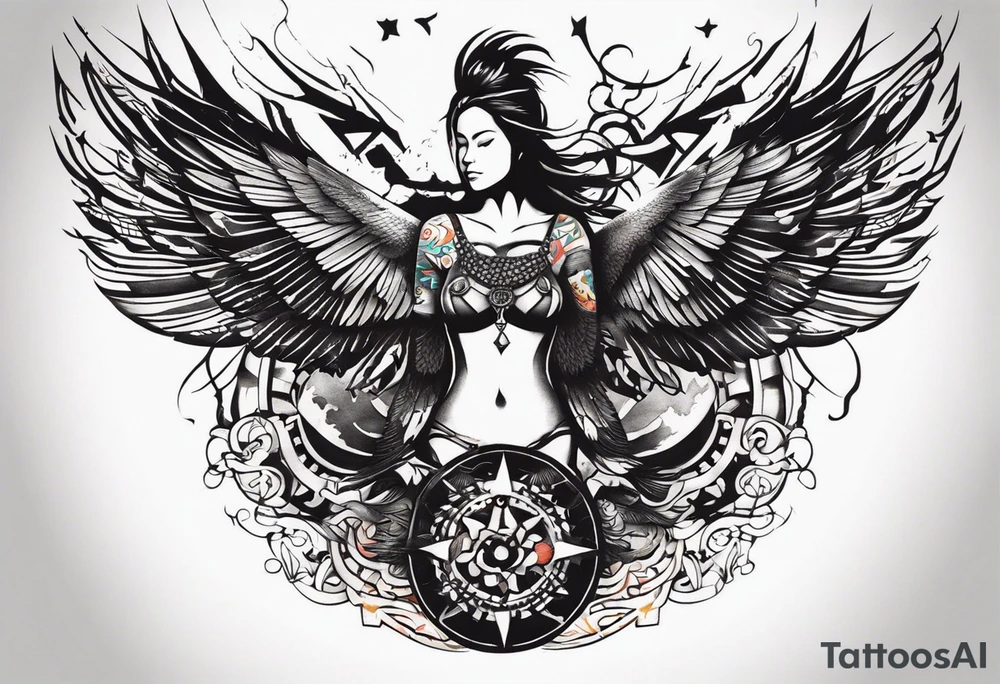 Wide tattoo that appears to be bursting out of the skin, symbolizing freedom. The tattoo should be vibrant and dynamic, with bold lines and colors that evoke a sense of liberation and empowerment. Consider incorporating elements such as broken chains, or other symbols of freedom. The tattoo should be visually striking and thought-provoking, inviting the viewer to reflect on the importance of personal freedom. tattoo idea