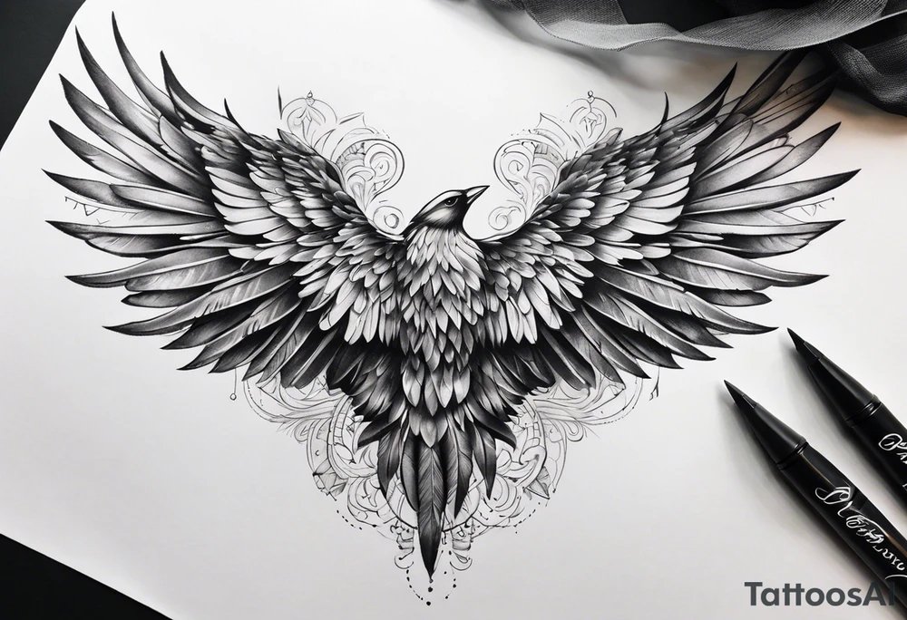 wings extending from the shoulders, covering the upper arms and upper back. The feathers are intricately detailed, with soft shading in black and gray to create depth and texture. The wings gently converge in the middle of the back, forming a harmonious and cohesive design. tattoo idea