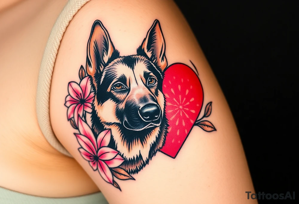 strong looking short haired german shepherd with alert ears surrounded by pink lilies with large leaves in front of a sacred heart tattoo idea