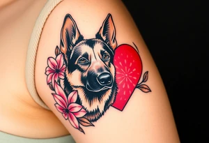 strong looking short haired german shepherd with alert ears surrounded by pink lilies with large leaves in front of a sacred heart tattoo idea