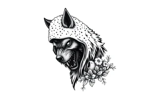 Big bad wolf nursery rhyme wearing a sheep costume with sheep head as hood and eat the three little pigs and little red riding hood in the woods tattoo idea