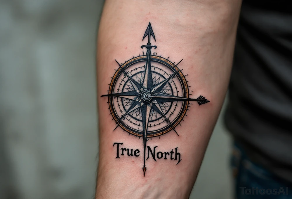 rustic compass/clock with a full length native american arrow pointing at my wrist going thru it and say "True North" tattoo idea