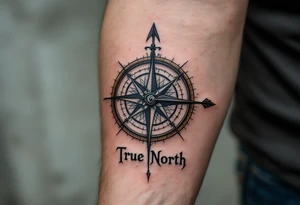 rustic compass/clock with a full length native american arrow pointing at my wrist going thru it and say "True North" tattoo idea