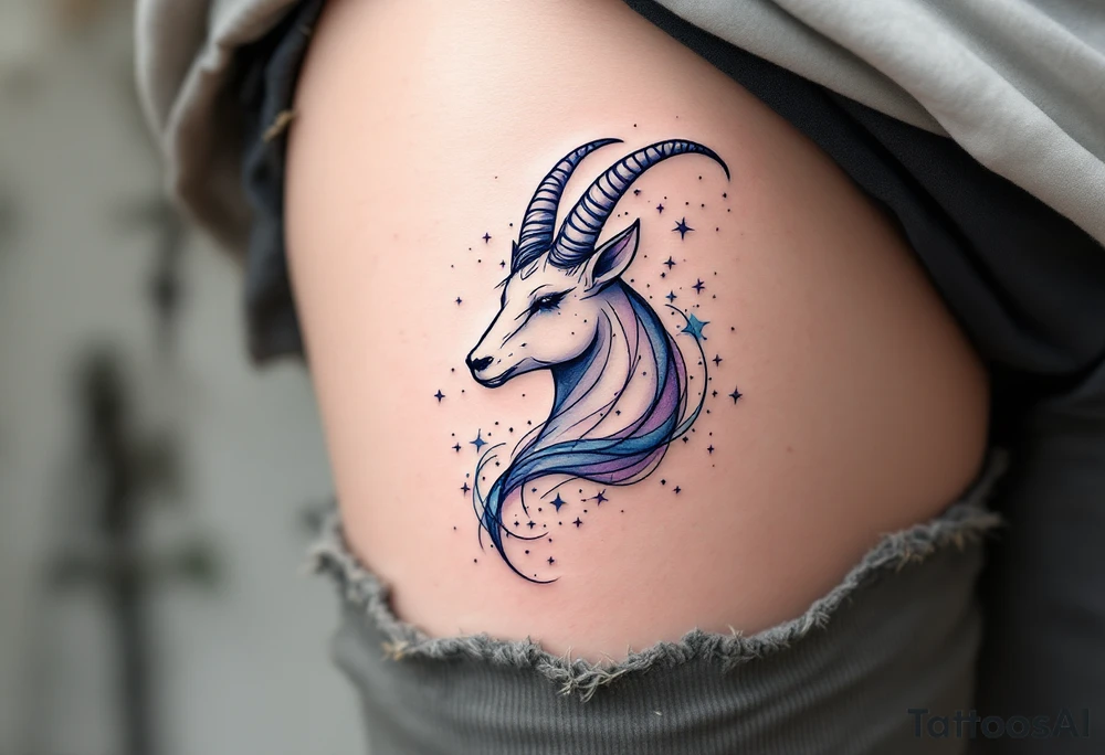 A watercolor Capricorn star constellation flows in soft blues and purples, wrapping around a minimal Capricorn. tattoo idea