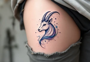 A watercolor Capricorn star constellation flows in soft blues and purples, wrapping around a minimal Capricorn. tattoo idea