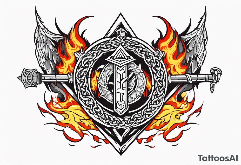 Valhalla sword shield dragon axe Valknut barbed wire chains fire tattoo idea Valhalla sword shield dragon axe Valknut barbed wire chains fire tattoo idea
