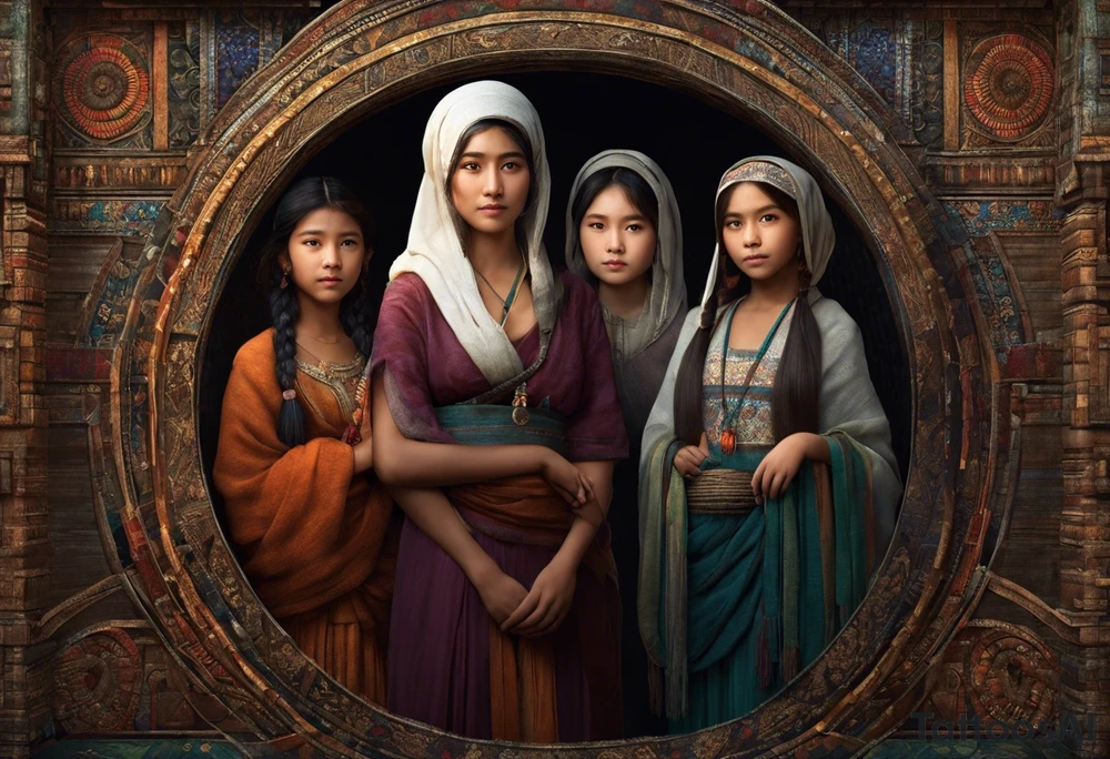 3 female people standing next to each other. The one on the left is a young girl, the one in the middle is a mature woman, the one on the right is a very old woman. They are looking forward.
There are 3 weavers. They symbolize the moirs, old goddesses of destiny. tattoo idea