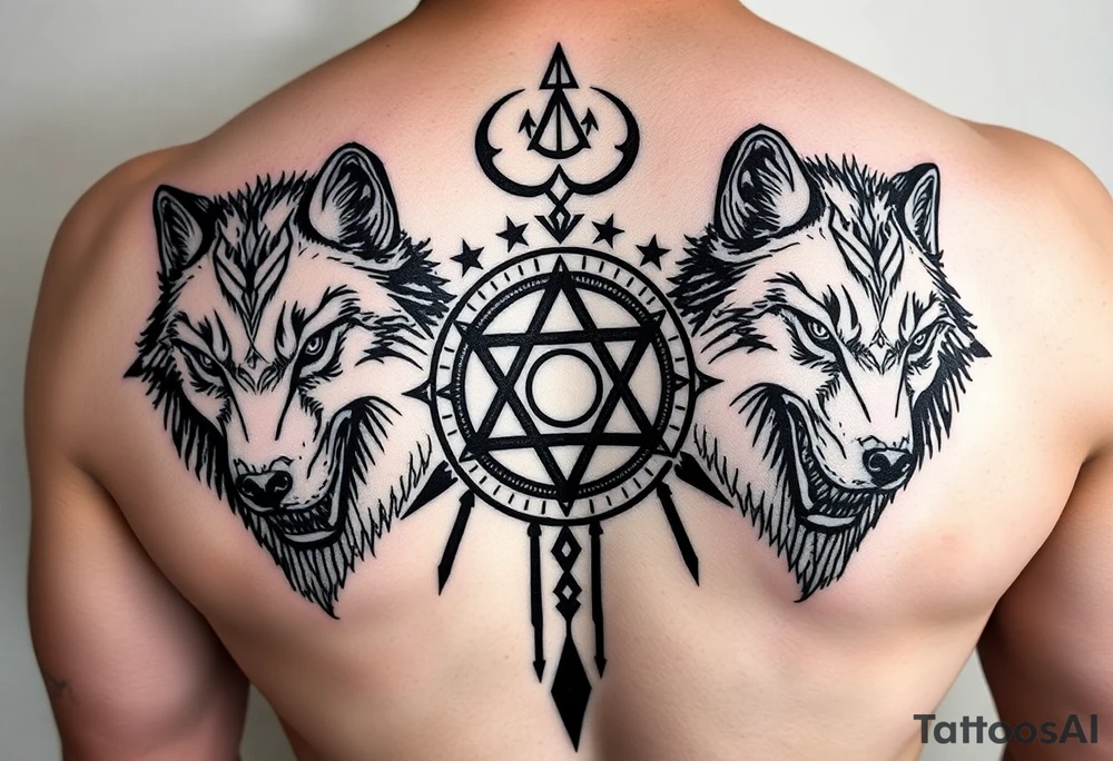 powerful wolfs with a Triskelion also yin and yang and some meaningful stripes tattoo idea