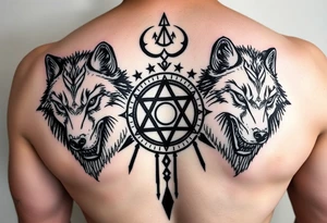 powerful wolfs with a Triskelion also yin and yang and some meaningful stripes tattoo idea