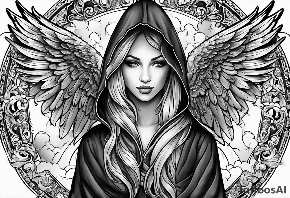 one big hooded angel with 3 angels flying in the back with shading and clouds tattoo idea