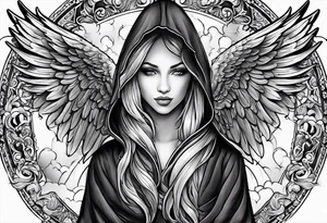 one big hooded angel with 3 angels flying in the back with shading and clouds tattoo idea