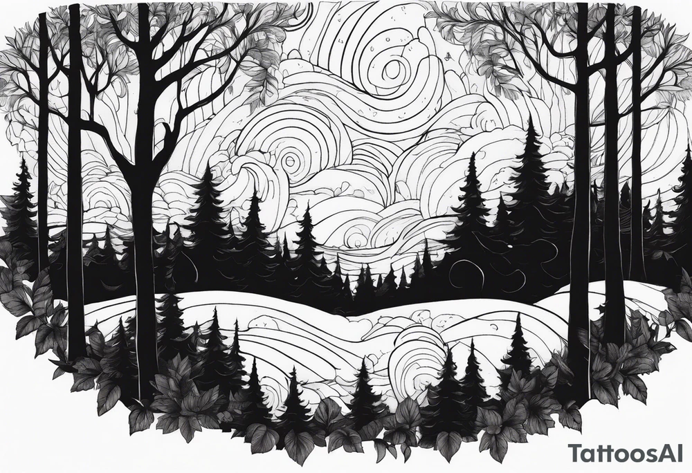 Draw me a Magical forest with s lot of trees in 2D and every tree is black and you see every treetop tattoo idea