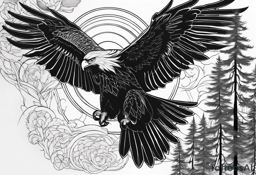 Full back tattoo ancient pine Forrest and giant black eagle tattoo idea Full back tattoo ancient pine Forrest and giant black eagle tattoo idea