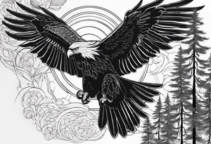 Full back tattoo ancient pine Forrest and giant black eagle tattoo idea