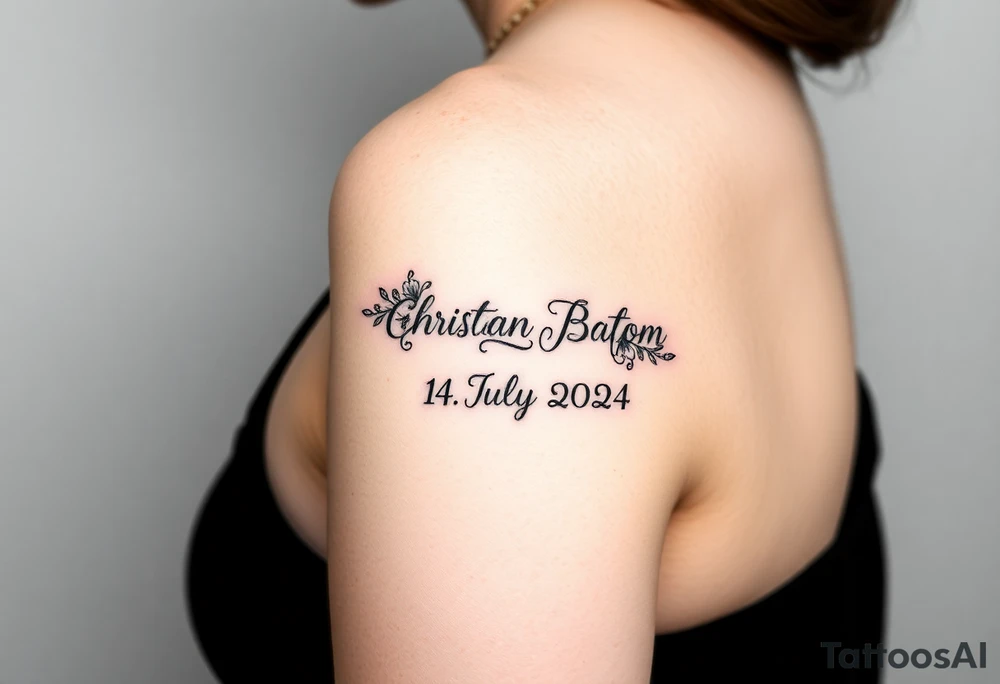 Christian baptism tattoo with the date 14th of July 2024, also add a floral band design on the arm tattoo idea