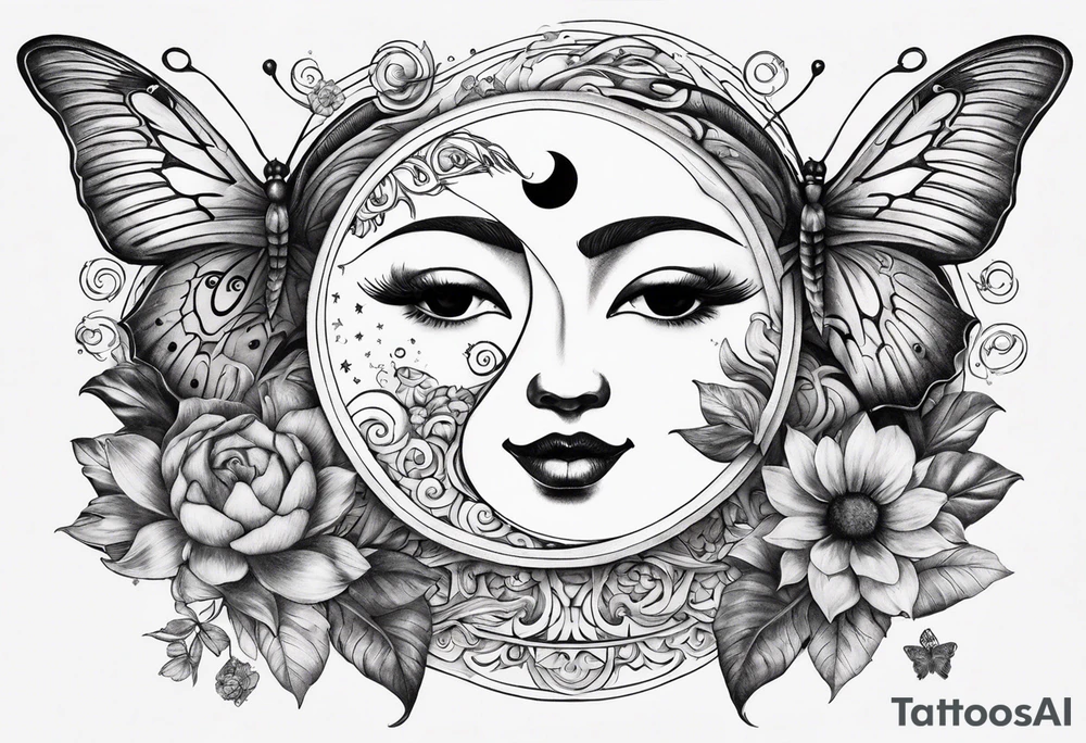 sun and moon with ying and yang symbol , coi fish & butterflies tattoo idea