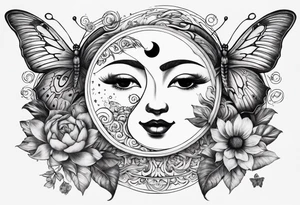 sun and moon with ying and yang symbol , coi fish & butterflies tattoo idea