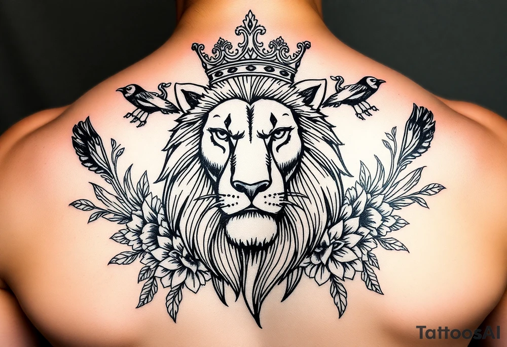 powerful majestic lion with a crown, surrounded by floral ornaments and birds tattoo idea