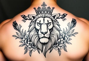 powerful majestic lion with a crown, surrounded by floral ornaments and birds tattoo idea