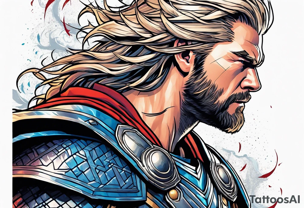 The Mighty Thor that looks like the Chris Hemsworth version with lightning in the background tattoo idea