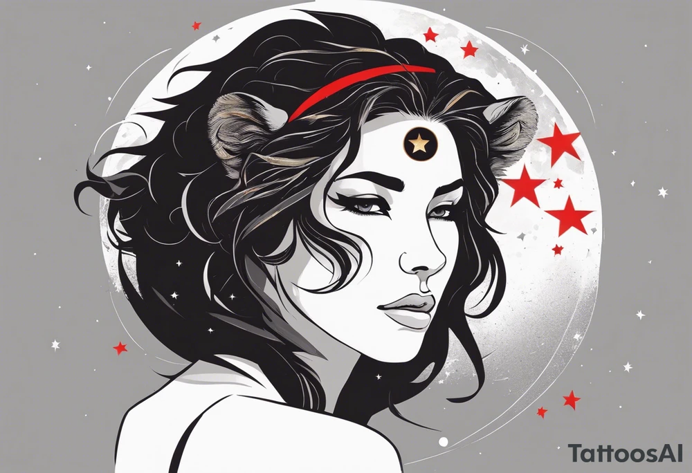 women turning to her side with a small leo zodiac symbol on her forehead, lion scratch scar on her eye and stars, moon and sun floating behind her head. however at the bottom  have her blend away like a smoke effect, you can use Stars or clouds to help fill in space. Also create a somewhat Smokey thin red line wrapping going from the back of the neck to the pinky and overlapping the woman tattoo as well. tattoo idea