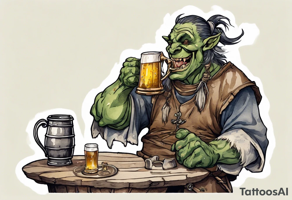 a medieval orc wearing a tunic and drinking from a pewter mug of beer in a tavern, laughing tattoo idea