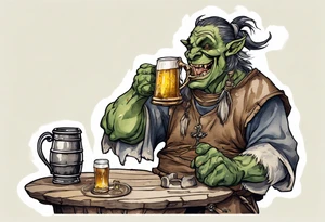 a medieval orc wearing a tunic and drinking from a pewter mug of beer in a tavern, laughing tattoo idea