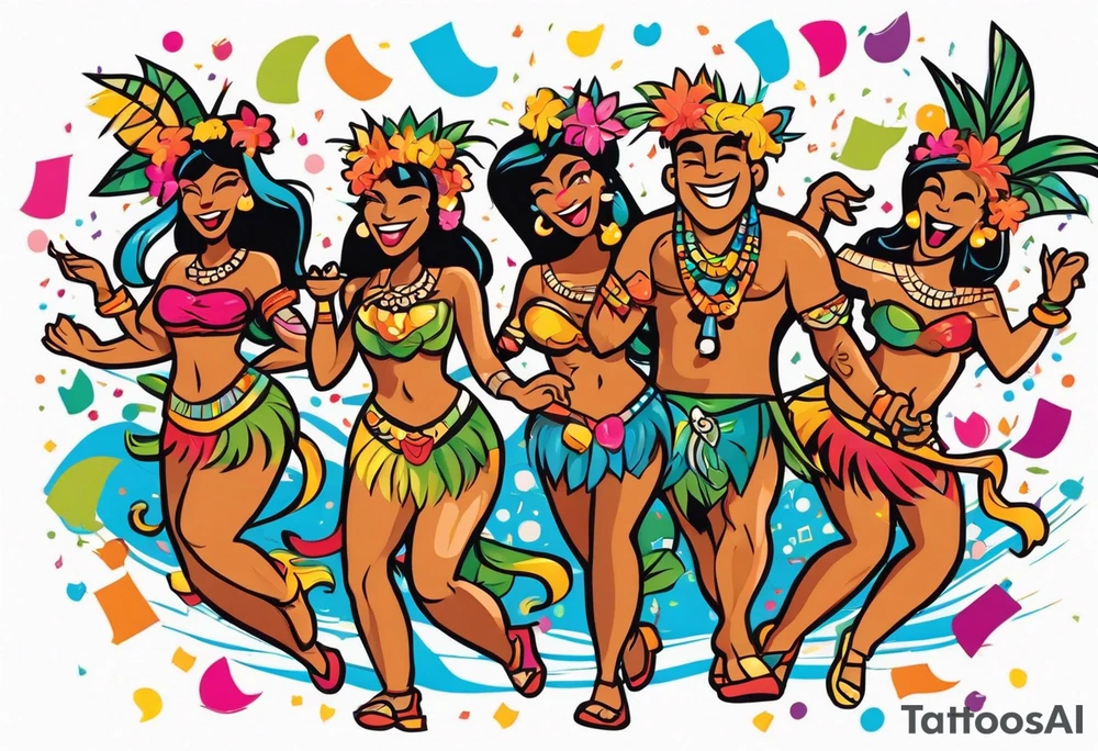 tiki party with dancing tiki guys and sexy tiki girls with music notes and confetti tattoo idea