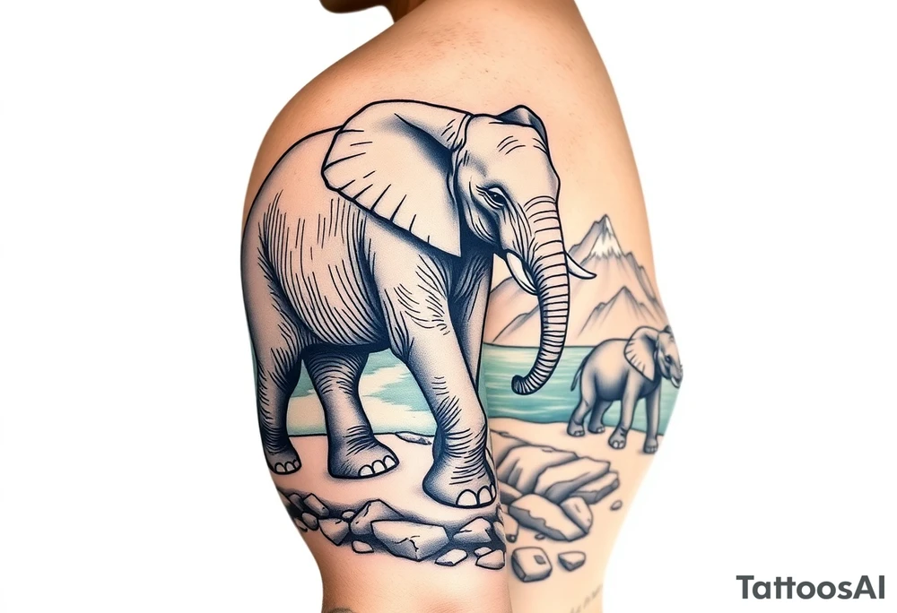 A mother and a baby elephant walking down a mountain trail with the ocean below tattoo idea