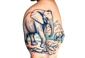 A mother and a baby elephant walking down a mountain trail with the ocean below tattoo idea