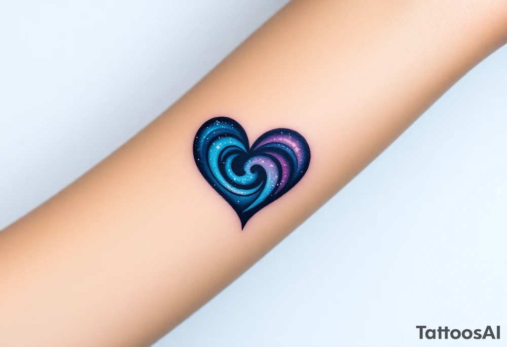 An infinity symbol with a heart made of swirling galaxy patterns, featuring deep blues, purples, and subtle stardust, symbolizing cosmic love tattoo idea