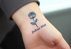 fine-line rose on my inner wrist, with the stem flowing down into the word Joshua 24:15 in tiny clean text underneath tattoo idea