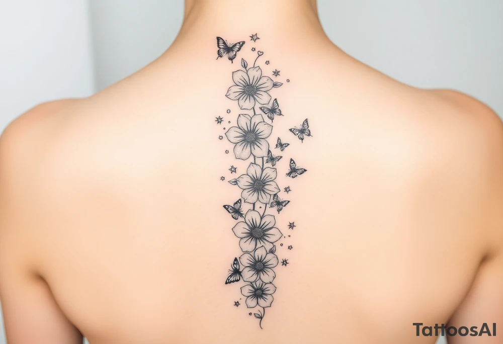 Flowers vertically down the spine surrounded by small butterflies and sparkles

Less flowers tattoo idea